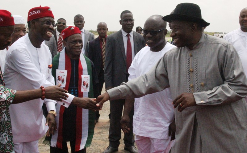 from right: President Goodluck Jonathan, Governor Emmanuel Uduaghan of Delta State, his Deputy, Prof. Amos Utuama and the Delta State PDP Governorship flag bearer, Senator Ifeanyi Okowa welcoming Mr. President on arrival at the Asaba International airport during his visit to meet with the Arewa Consultative Forum in Asaba yesterday. Photo: Henry Unini