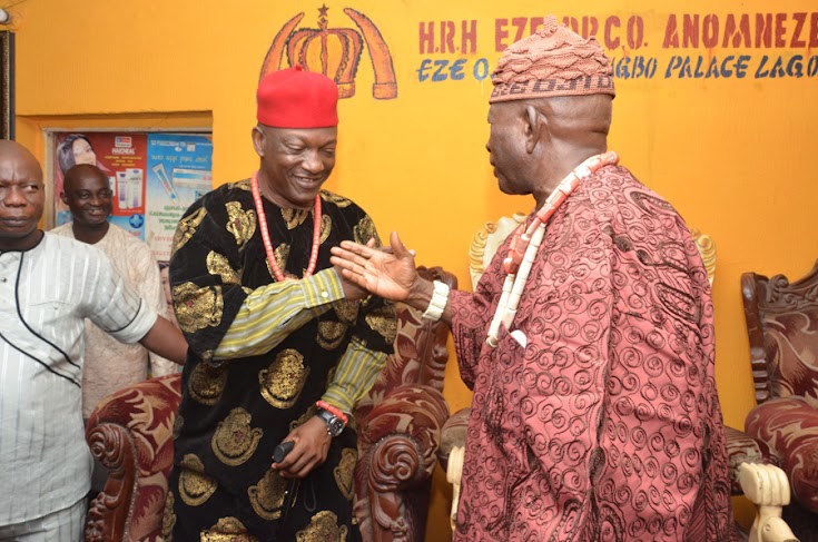 Jimi Agbaje, Governorship Candidate of the People’s Democratic Party (PDP), at his conferment with the Igbo chieftaincy title of “Ezi Nwanne Ndigbo” by Eze Cyril Anomneze (right), today in Lagos