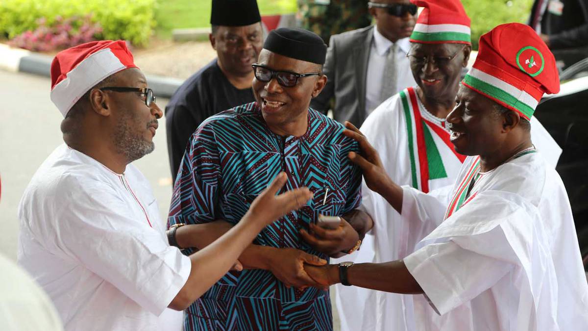 Ondo State Governor Olusegun mimiko exchanging banters with Jonathan and Mu'azu